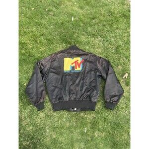 Vintage MTV Logo Black Satin Bomber Jacket Embroidered Sz Large READ